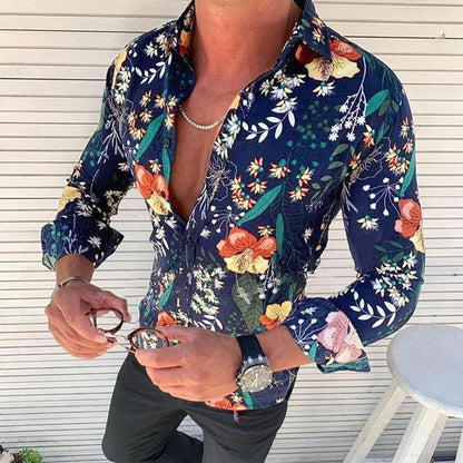 Men's Shirt - Long Sleeve - Button Closure - Floral Pattern - Slim Fit