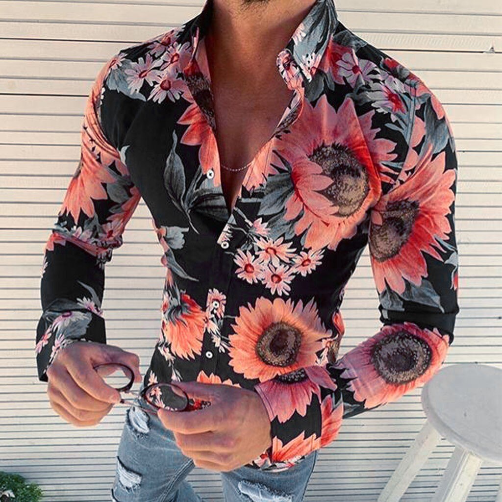 Men's Shirt - Long Sleeve - Button Closure - Floral Pattern - Slim Fit