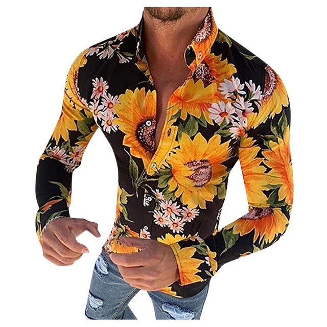 Men's Shirt - Long Sleeve - Button Closure - Floral Pattern - Slim Fit