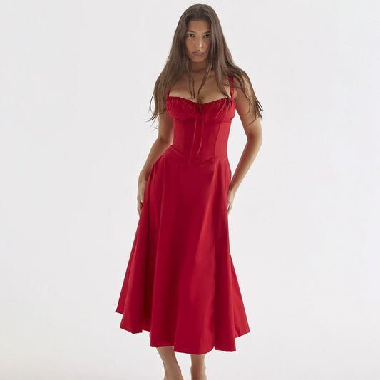 Dress for Women - Midi Satin - Corset Top - A-line Fit - Sweetheart Neckline
