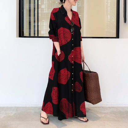 Women's Casual Maxi Dress - Long Sleeve - Button Down - Artistic Print