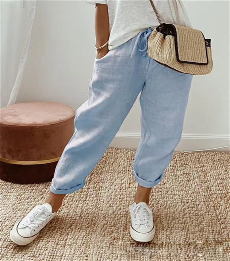 Women's Pants – Relaxed Fit – Breathable Blend – Drawstring Waist – Abstract Print – Cropped