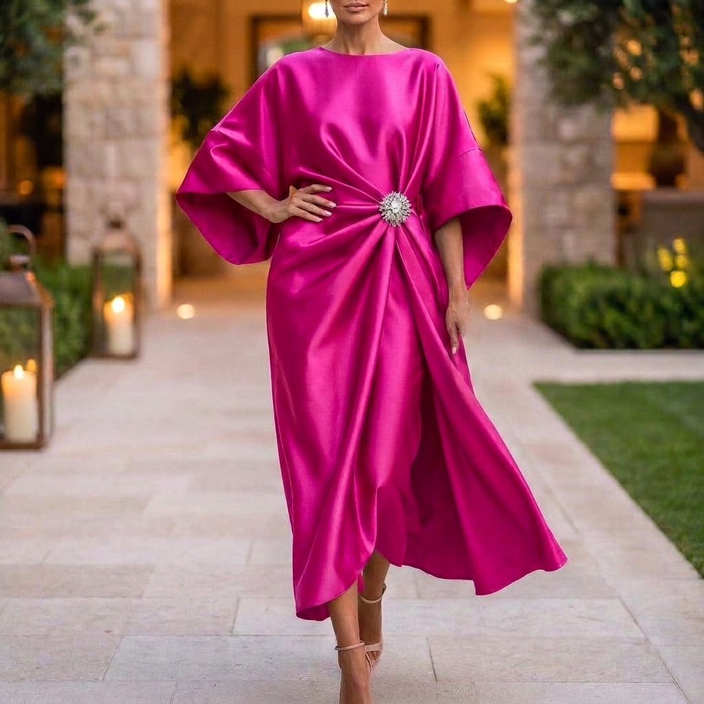 Shimmer Draped Ankle-Length Long Dress for Women – Elegant Evening Style