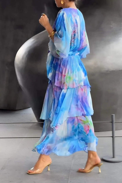Dress for Women – Maxi Dress in Chiffon – Wrap Cut – Ruffle Skirt – Puff Sleeves