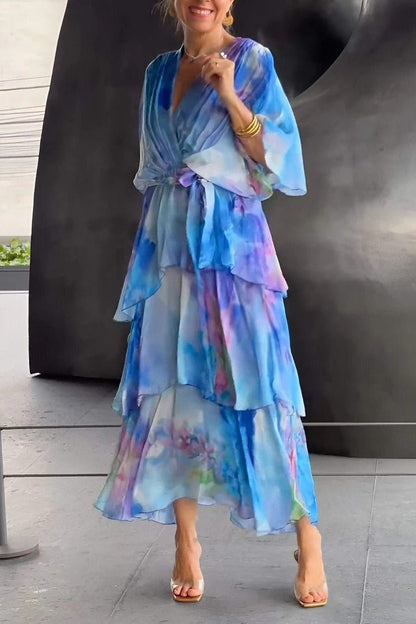 Dress for Women – Maxi Dress in Chiffon – Wrap Cut – Ruffle Skirt – Puff Sleeves