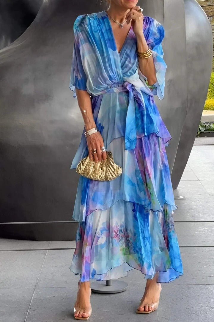 Dress for Women – Maxi Dress in Chiffon – Wrap Cut – Ruffle Skirt – Puff Sleeves
