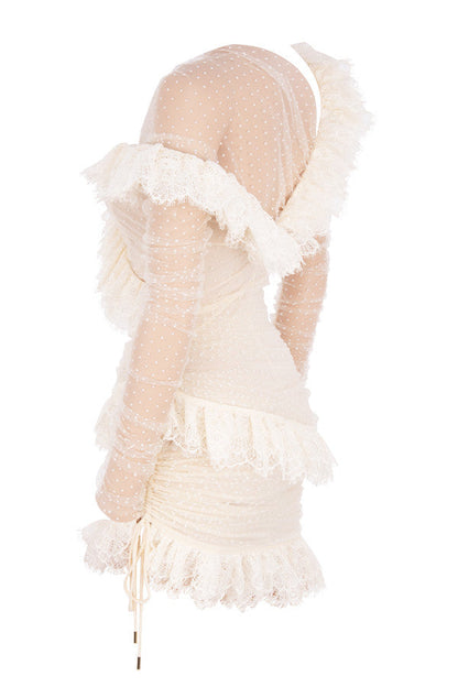 Women's Mini Dress - Off-Shoulder - Tailored - Mesh with Dots - Ruffles and Lace Trim