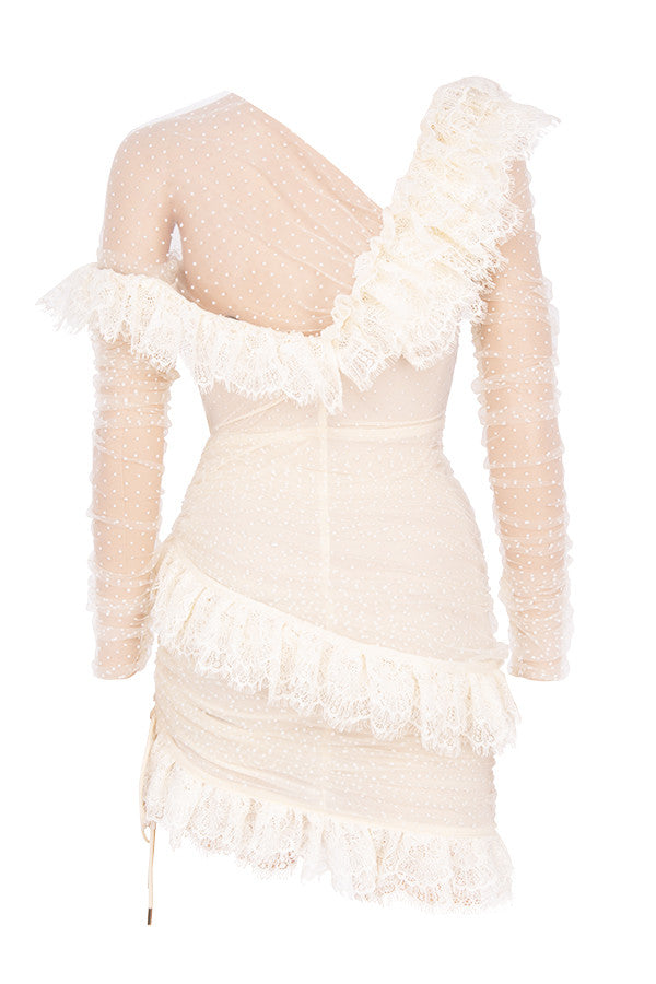 Women's Mini Dress - Off-Shoulder - Tailored - Mesh with Dots - Ruffles and Lace Trim