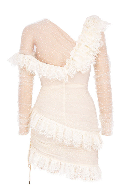 Women's Mini Dress - Off-Shoulder - Tailored - Mesh with Dots - Ruffles and Lace Trim