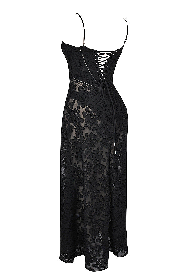 Women's Maxi Dress – Spaghetti Straps – Embroidered Lace – Elegant Long Silhouette