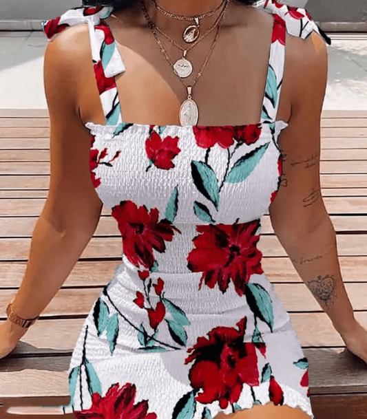 Women's Dress - Bodycon Fit - Smock Waist - Adjustable Straps - Floral Design