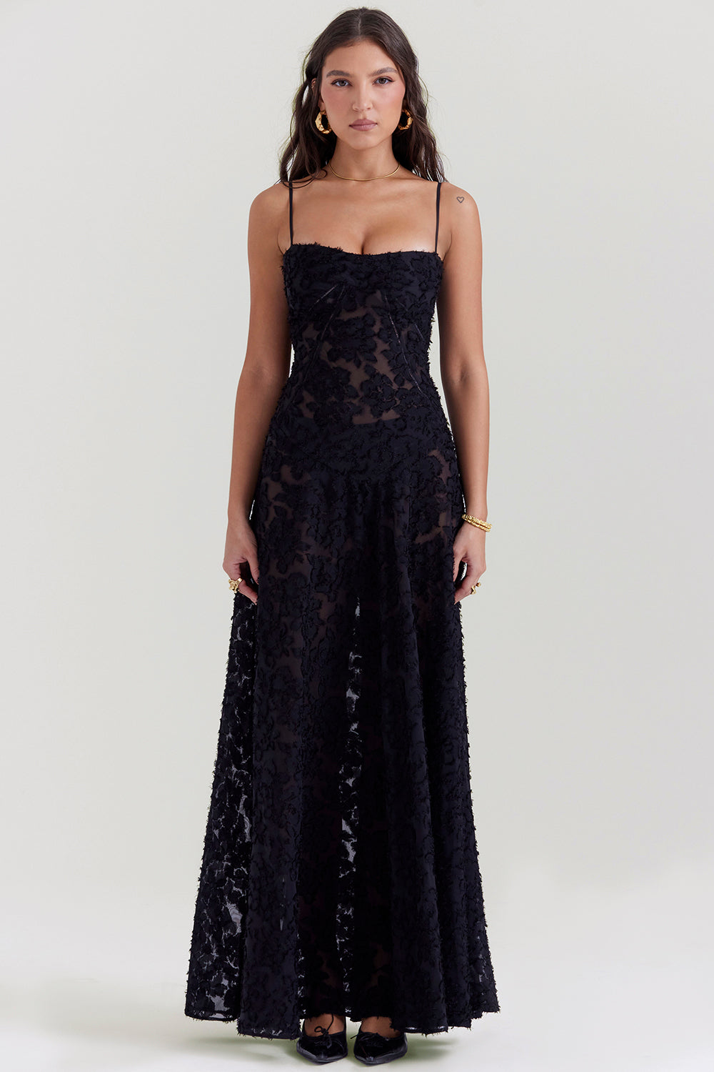Women's Maxi Dress – Spaghetti Straps – Embroidered Lace – Elegant Long Silhouette