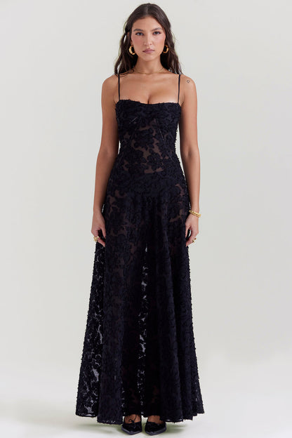 Women's Maxi Dress – Spaghetti Straps – Embroidered Lace – Elegant Long Silhouette