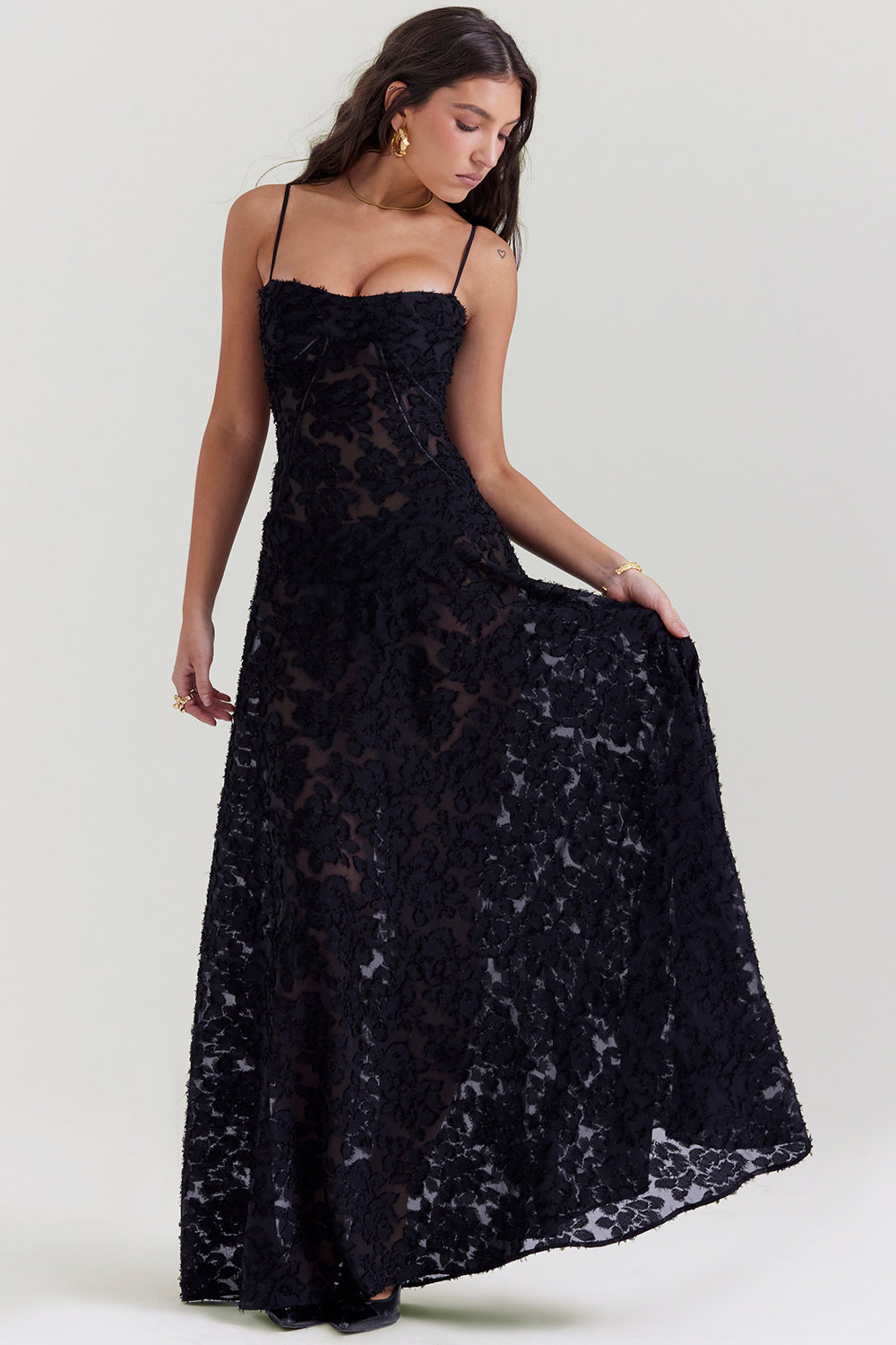 Women's Maxi Dress – Spaghetti Straps – Embroidered Lace – Elegant Long Silhouette