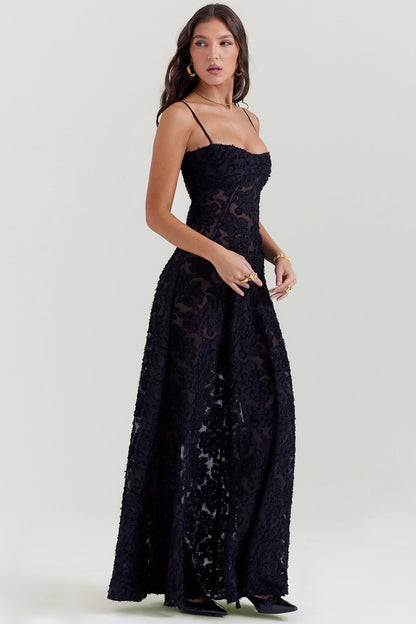 Women's Maxi Dress – Spaghetti Straps – Embroidered Lace – Elegant Long Silhouette