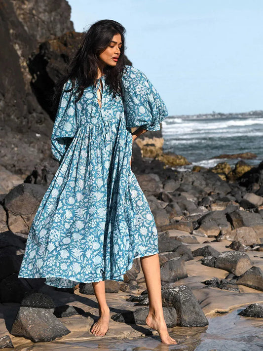 Women's Maxi Dress - Lightweight Fabric - Floral Print - V-Neck - 3/4 Puff Sleeves - Loose Fit