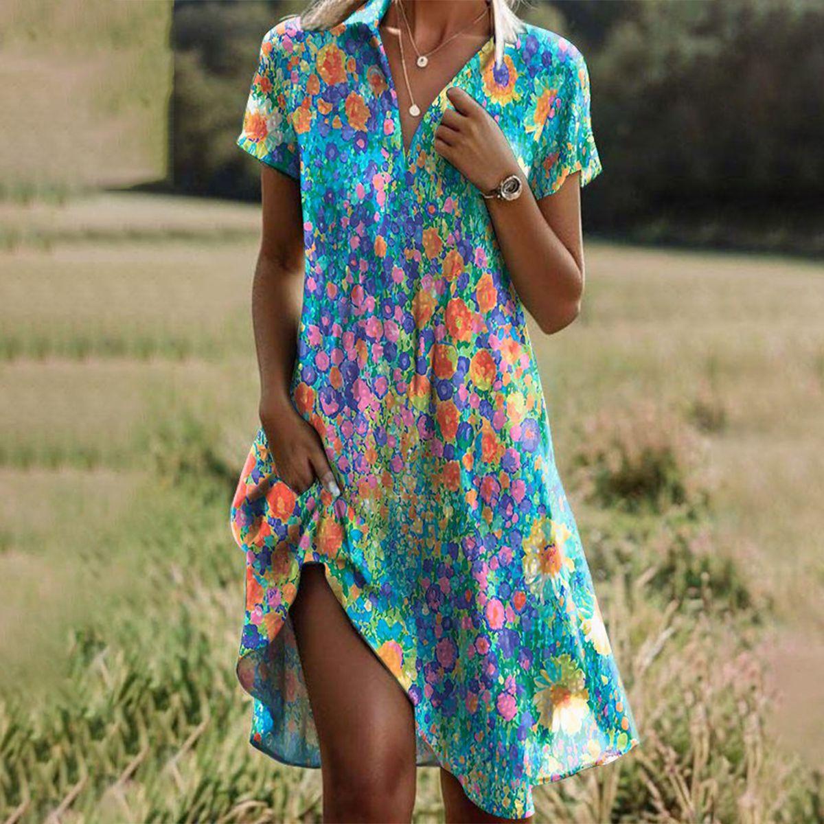 Women's Dress - Floral Pattern - Loose Fit - Short Sleeves - V-neck Boho Style
