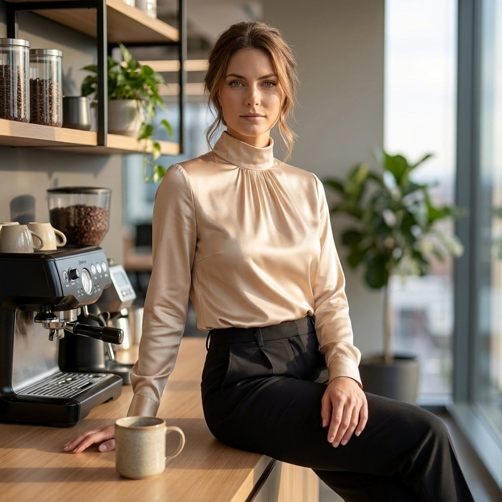 Pleated High Neck Blouse for Women – Elegant Formal Style
