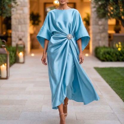 Shimmer Draped Ankle-Length Long Dress for Women – Elegant Evening Style