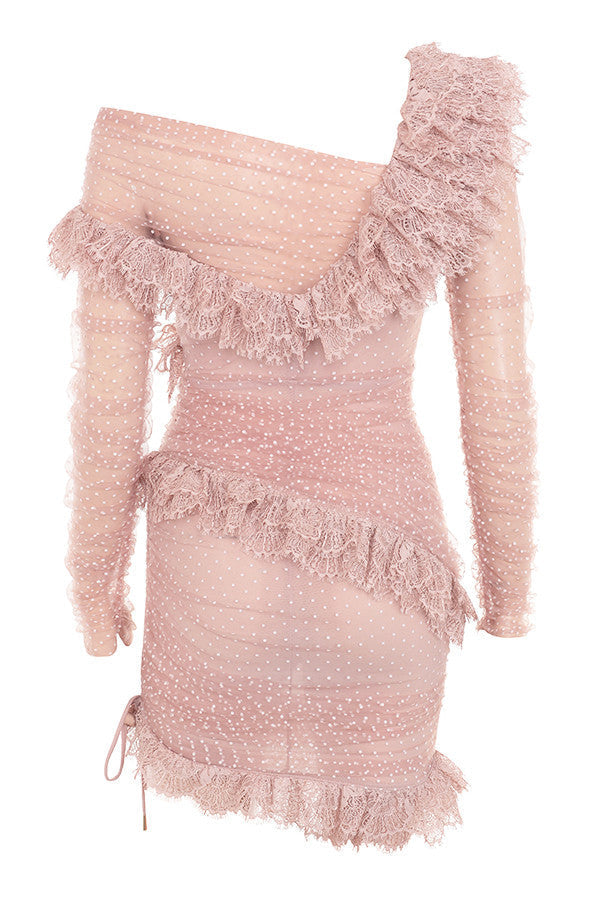 Women's Mini Dress - Off-Shoulder - Tailored - Mesh with Dots - Ruffles and Lace Trim