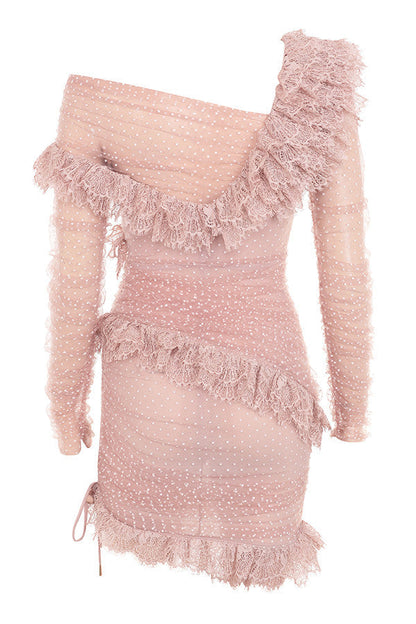 Women's Mini Dress - Off-Shoulder - Tailored - Mesh with Dots - Ruffles and Lace Trim