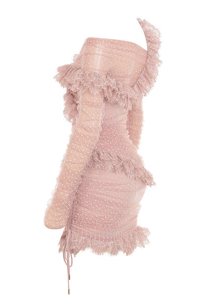 Women's Mini Dress - Off-Shoulder - Tailored - Mesh with Dots - Ruffles and Lace Trim
