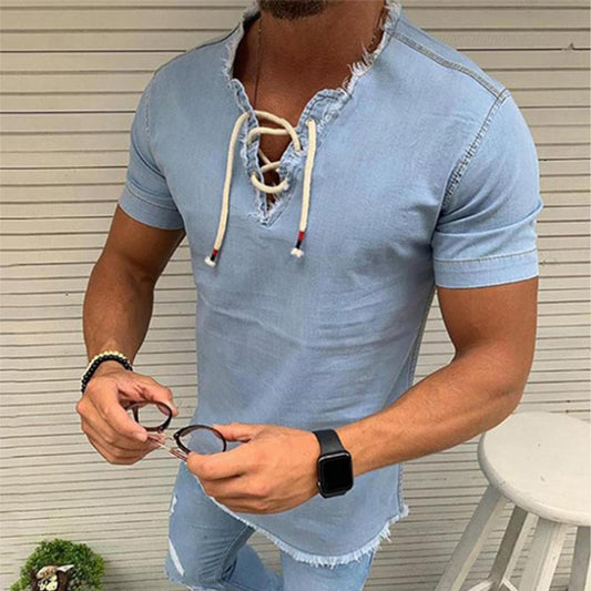 Men's T-shirt - Light Denim Look - Lace-up V-neck - Slim Fit - Casual Style