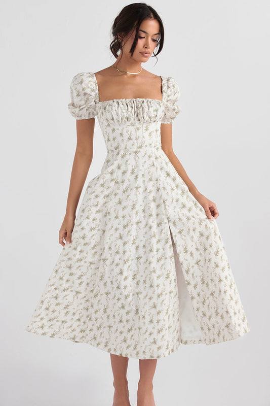 Women's Midi Dress – Cotton Blend – Ruched Bodice – Puff Sleeves – A-line Cut