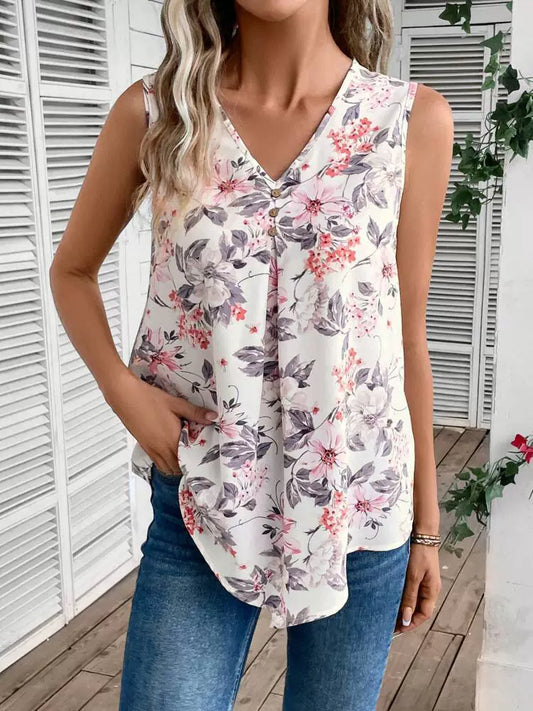 Women's Top - Sleeveless V-neck - Floral Pattern - Light and Airy Fit