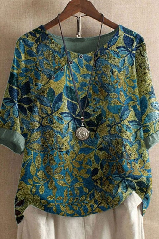 Women's Blouse – Relaxed Fit – Natural Fibers – Round Neck with Details – Printed Design