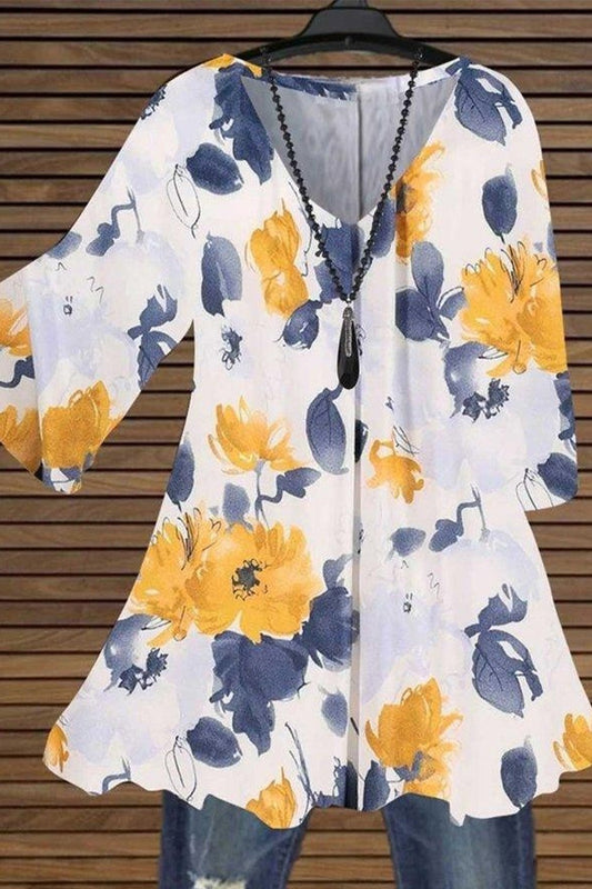 Women's Tunic Blouse – V-Neck – Half Sleeve – Relaxed Fit – Floral Pattern