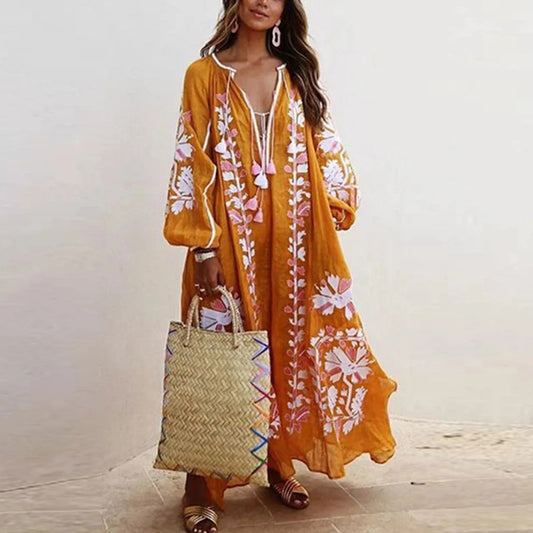 Women's Maxi Dress – Relaxed Fit – Embroidered Boho Style – Light and Breathable Quality
