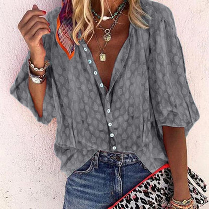 Women's Blouse - Relaxed Fit - V-Neck with Buttons - 3/4 Sleeves - Light and Airy