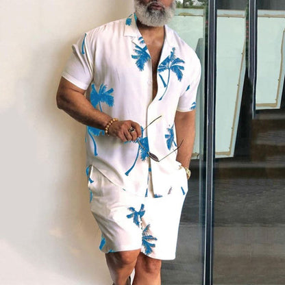 Men's Set - Short-Sleeved Shirt & Shorts - Relaxed Fit - Notch Collar - Tropical Pattern