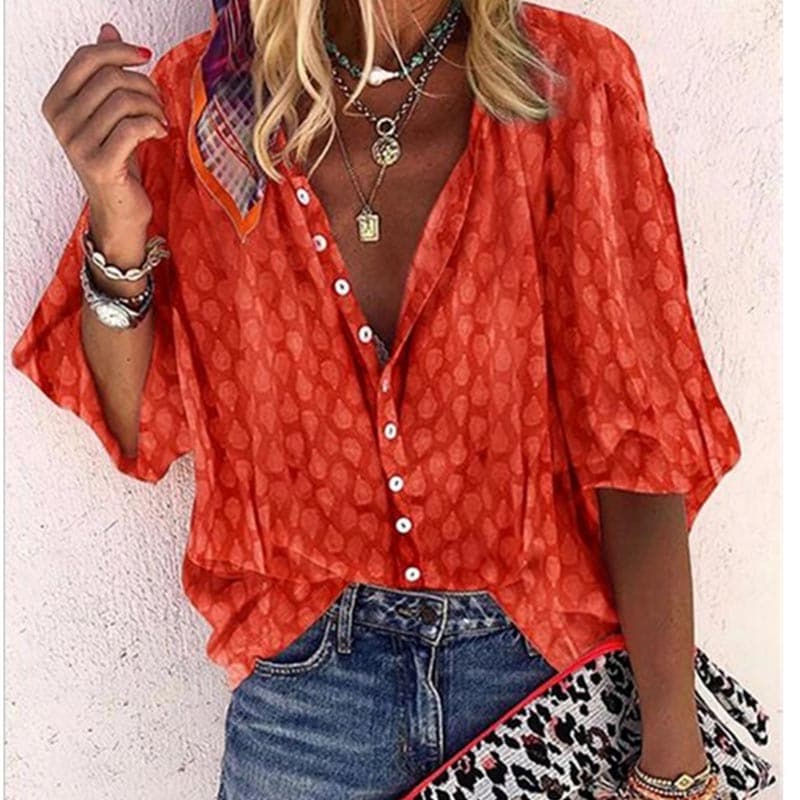 Women's Blouse - Relaxed Fit - V-Neck with Buttons - 3/4 Sleeves - Light and Airy