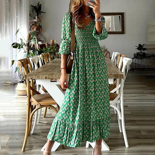 Women's Maxi Dress - A-line Fit - V-neck - 3/4 Sleeves - Smocked Waist - Bohemian Look