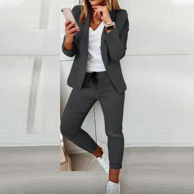Women's Suit - Slim Fit Blazer - Jogging Pants with Elastic Waist
