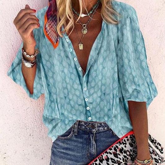 Women's Blouse - Relaxed Fit - V-Neck with Buttons - 3/4 Sleeves - Light and Airy