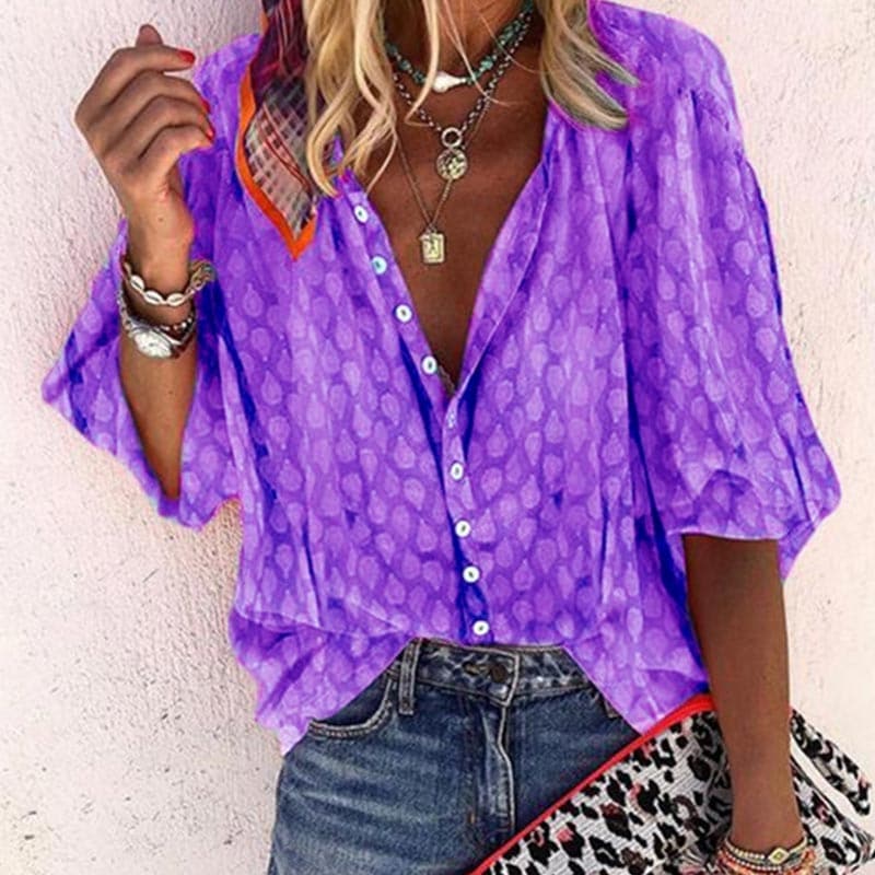 Women's Blouse - Relaxed Fit - V-Neck with Buttons - 3/4 Sleeves - Light and Airy