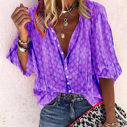 Women's Blouse - Relaxed Fit - V-Neck with Buttons - 3/4 Sleeves - Light and Airy