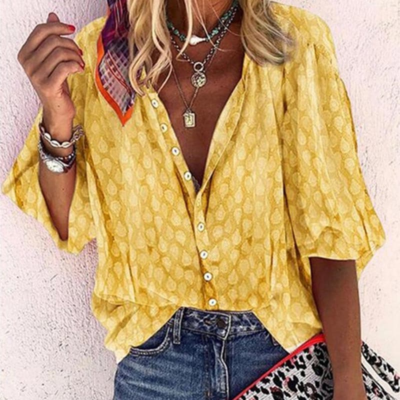 Women's Blouse - Relaxed Fit - V-Neck with Buttons - 3/4 Sleeves - Light and Airy