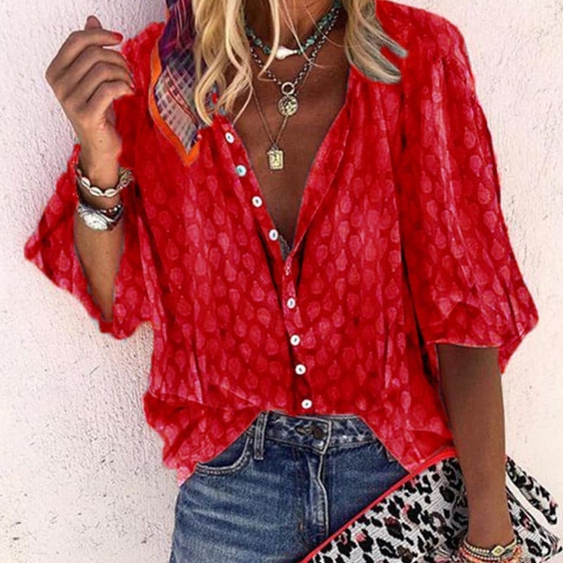 Women's Blouse - Relaxed Fit - V-Neck with Buttons - 3/4 Sleeves - Light and Airy
