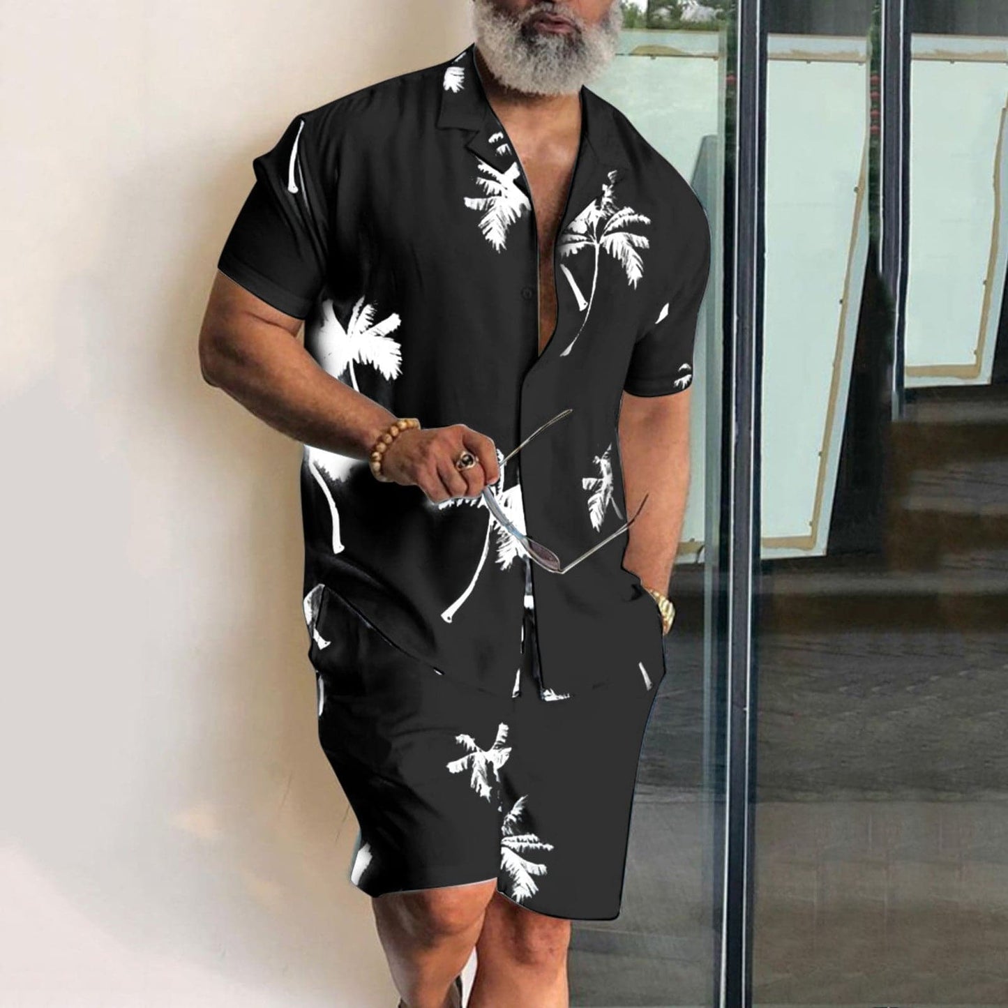 Men's Set - Short-Sleeved Shirt & Shorts - Relaxed Fit - Notch Collar - Tropical Pattern