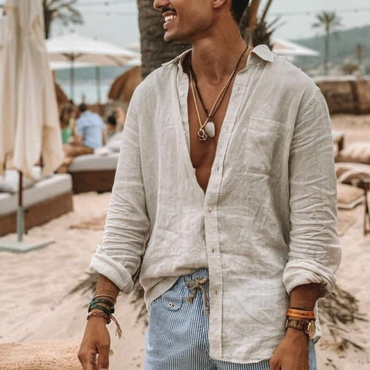 Men's Shirt in Linen - Breathable and Light - Long-Sleeved - Relaxed Fit - Button Closure