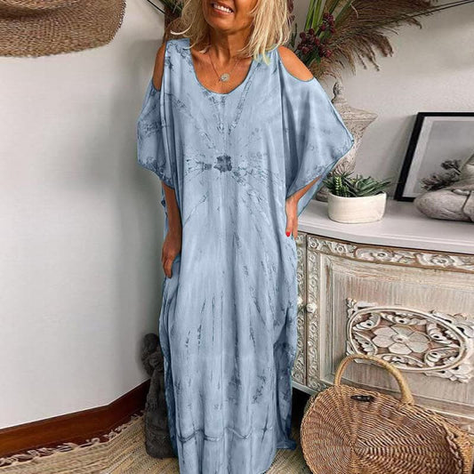 Women's Maxi Dress - Loose Fit - Cold Shoulder - Round Neck - Lightweight and Breathable