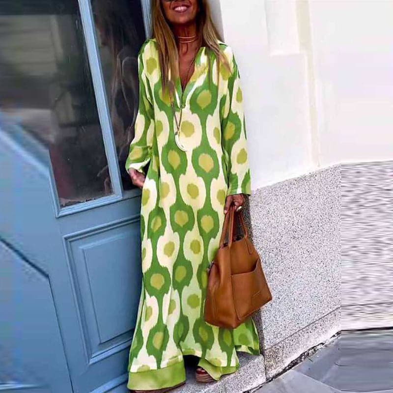 Women's Caftan Dress - Long Loose Fit - V-neck & Long Sleeves - Elegant Pattern