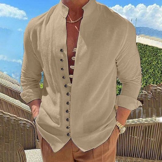 Men's Shirt - Light and Breathable - Mandarin Collar - Double Button Closure - Casual Fit