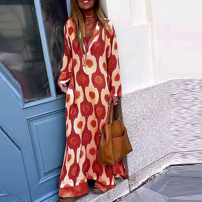 Women's Caftan Dress - Long Loose Fit - V-neck & Long Sleeves - Elegant Pattern