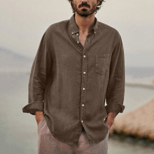 Men's Shirt - 100% Linen - Long-Sleeved Regular Fit - Breathable with Chest Pocket