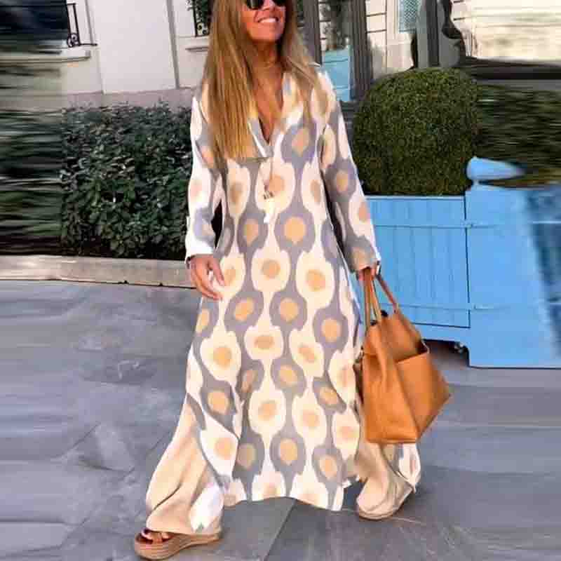 Women's Caftan Dress - Long Loose Fit - V-neck & Long Sleeves - Elegant Pattern